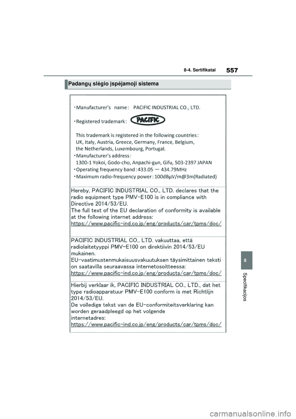 TOYOTA YARIS 2022  Eksploatavimo vadovas (in Lithuanian) 557
8
Owners Manual_Europe_M52M05_LT
8-4. Sertifikatai
Specifikacijos
Padangų slėgio  įsp ėjamoji sistema
Yaris_OM_Europe_OM52M05LT.book  Page 557  Thursday, March 17, 2022  7:40 PM 