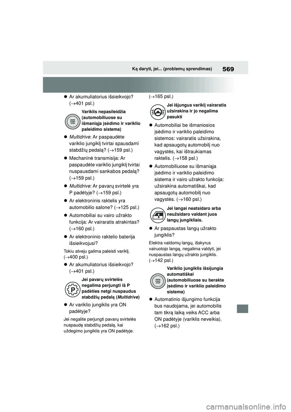 TOYOTA YARIS 2022  Eksploatavimo vadovas (in Lithuanian) 569
Owners Manual_Europe_M52M05_LT
Ką daryti, jei... (problem ų sprendimas)
 Ar akumuliatorius išsieikvojo? 
( 401 psl.)
 Multidrive : Ar paspaudė te 
variklio jungikl į tvirtai spausdam