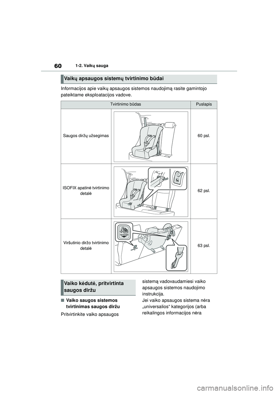 TOYOTA YARIS 2022 Eksploatavimo vadovas (in Lithuanian) 60
Owners Manual_Europe_M52M05_LT
1-2. Vaikų sauga
Informacijos apie vaik ų apsaugos sistemos naudojim ą rasite gamintojo
pateiktame eksploatacijos vadove.
■Vaiko saugos sistemos
tvirtinimas sa TOYOTA YARIS 2022 Eksploatavimo vadovas (in Lithuanian) 60
Owners Manual_Europe_M52M05_LT
1-2. Vaikų sauga
Informacijos apie vaik ų apsaugos sistemos naudojim ą rasite gamintojo
pateiktame eksploatacijos vadove.
■Vaiko saugos sistemos
tvirtinimas sa