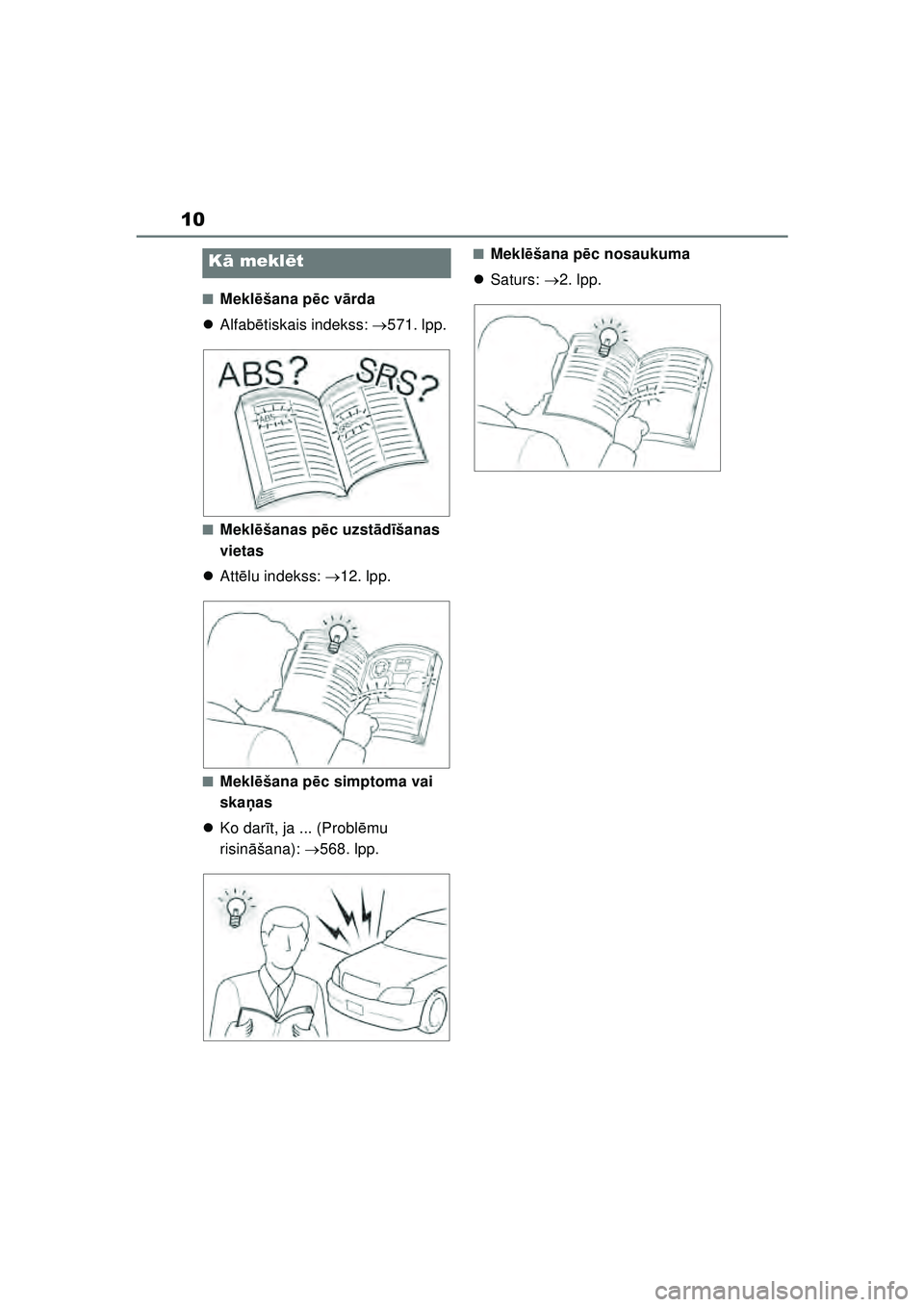 TOYOTA YARIS 2022  Lietošanas Instrukcija (in Latvian) 10
Owners Manual_Europe_M52M05_LV
■Meklēšana p ēc vā rda
 Alfab ētiskais indekss:  571. lpp.
■Mekl ēšanas p ēc uzst ād īšanas 
vietas
 Att ēlu indekss:  12. lpp.
■Meklē