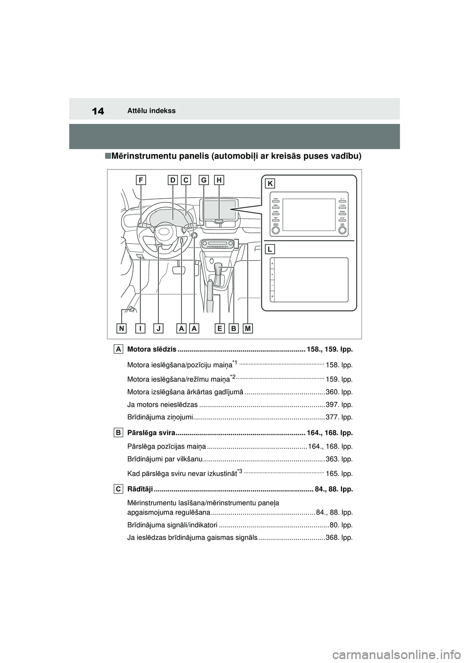 TOYOTA YARIS 2022  Lietošanas Instrukcija (in Latvian) 14
Owners Manual_Europe_M52M05_LV
Attēlu indekss
■ M ērinstrumentu panelis (automobi ļi ar kreis ās puses vad ību)
Motora sl ēdzis .............................................................