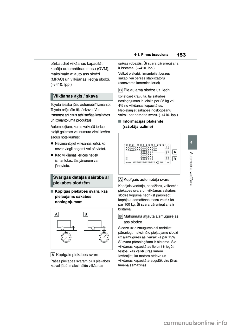 TOYOTA YARIS 2022  Lietošanas Instrukcija (in Latvian) 153
4
Owners Manual_Europe_M52M05_LV
4-1. Pirms brauciena
Automobiļa vadī šana
pārbaudiet vilkšanas kapacit āti, 
kop ējo automaš īnas masu (GVM), 
maksim ālo at ļauto ass slodzi 
(MPAC) un