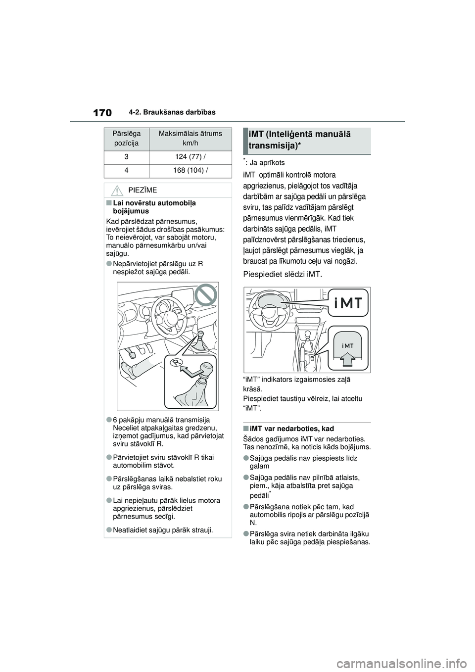 TOYOTA YARIS 2022 Lietošanas Instrukcija (in Latvian) 170
Owners Manual_Europe_M52M05_LV
4-2. Braukšanas darbības
*: Ja aprīkots
iMT optim āli kontrol ē motora
apgriezienus, piel āgojot tos vad īt ā ja
darbī bā m ar saj ūga ped āli un p ā TOYOTA YARIS 2022 Lietošanas Instrukcija (in Latvian) 170
Owners Manual_Europe_M52M05_LV
4-2. Braukšanas darbības
*: Ja aprīkots
iMT optim āli kontrol ē motora
apgriezienus, piel āgojot tos vad īt ā ja
darbī bā m ar saj ūga ped āli un p ā