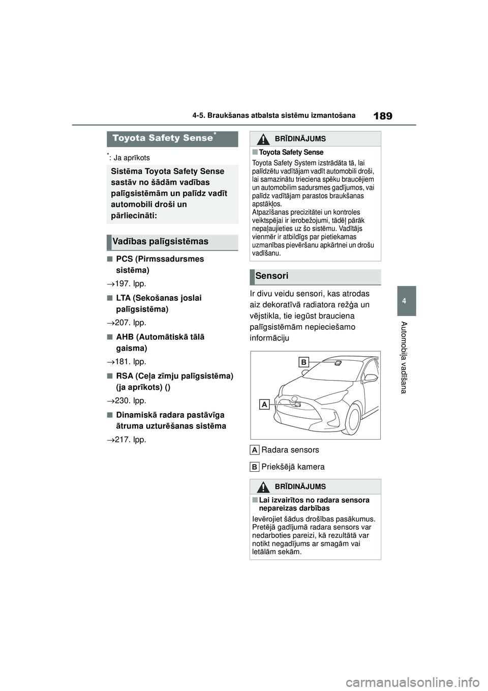 TOYOTA YARIS 2022  Lietošanas Instrukcija (in Latvian) 189
4
Owners Manual_Europe_M52M05_LV
4-5. Braukšanas atbalsta sistēmu izmantošana
Automobi ļa vadī šana
4 -5 .B r au k š an a s at b a ls t a si st ēmu i zma nt oša na
*: Ja apr īkots
■PCS