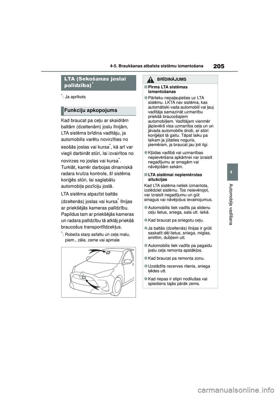 TOYOTA YARIS 2022 Lietošanas Instrukcija (in Latvian) 205
4
Owners Manual_Europe_M52M05_LV
4-5. Braukšanas atbalsta sistēmu izmantošana
Automobi ļa vadī šana
*: Ja apr īkots
Kad braucat pa ce ļu ar skaidr ām
balt ām (dzelten ām) joslu l īnij TOYOTA YARIS 2022 Lietošanas Instrukcija (in Latvian) 205
4
Owners Manual_Europe_M52M05_LV
4-5. Braukšanas atbalsta sistēmu izmantošana
Automobi ļa vadī šana
*: Ja apr īkots
Kad braucat pa ce ļu ar skaidr ām
balt ām (dzelten ām) joslu l īnij