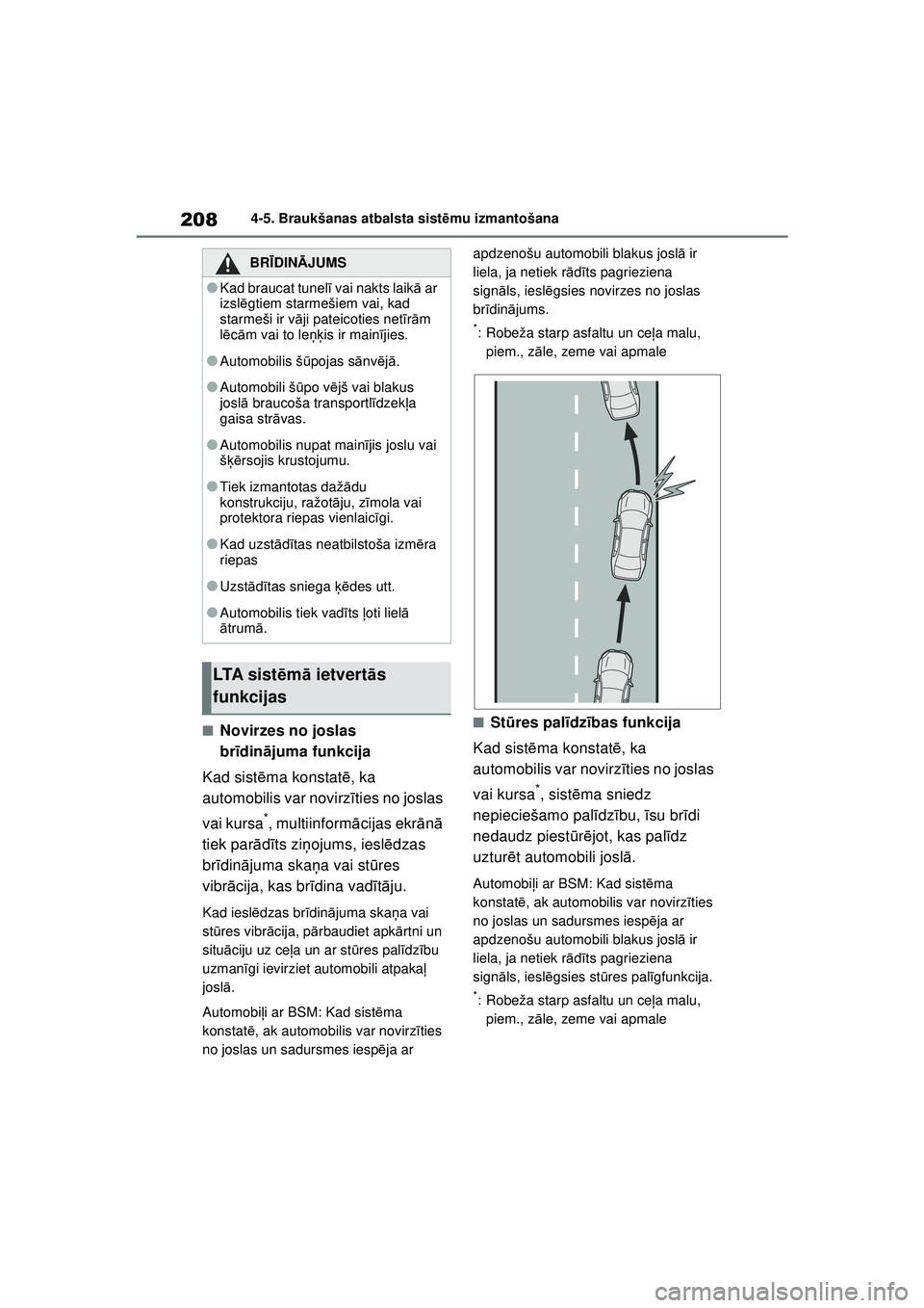 TOYOTA YARIS 2022 Lietošanas Instrukcija (in Latvian) 208
Owners Manual_Europe_M52M05_LV
4-5. Braukšanas atbalsta sistēmu izmantošana
■Novirzes no joslas
br īdinā juma funkcija
Kad sist ēma konstat ē, ka
automobilis var novirz īties no joslas TOYOTA YARIS 2022 Lietošanas Instrukcija (in Latvian) 208
Owners Manual_Europe_M52M05_LV
4-5. Braukšanas atbalsta sistēmu izmantošana
■Novirzes no joslas
br īdinā juma funkcija
Kad sist ēma konstat ē, ka
automobilis var novirz īties no joslas