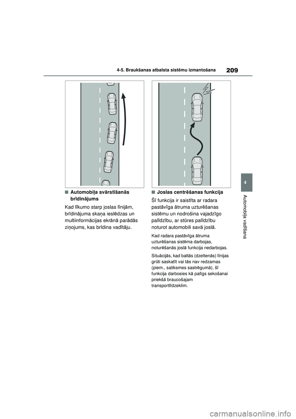 TOYOTA YARIS 2022 Lietošanas Instrukcija (in Latvian) 209
4
Owners Manual_Europe_M52M05_LV
4-5. Braukšanas atbalsta sistēmu izmantošana
Automobi ļa vadī šana■Automobi ļa svā rstīšan ās
br īdinā jums
Kad l īkumo starp joslas l īnij ām, TOYOTA YARIS 2022 Lietošanas Instrukcija (in Latvian) 209
4
Owners Manual_Europe_M52M05_LV
4-5. Braukšanas atbalsta sistēmu izmantošana
Automobi ļa vadī šana■Automobi ļa svā rstīšan ās
br īdinā jums
Kad l īkumo starp joslas l īnij ām,