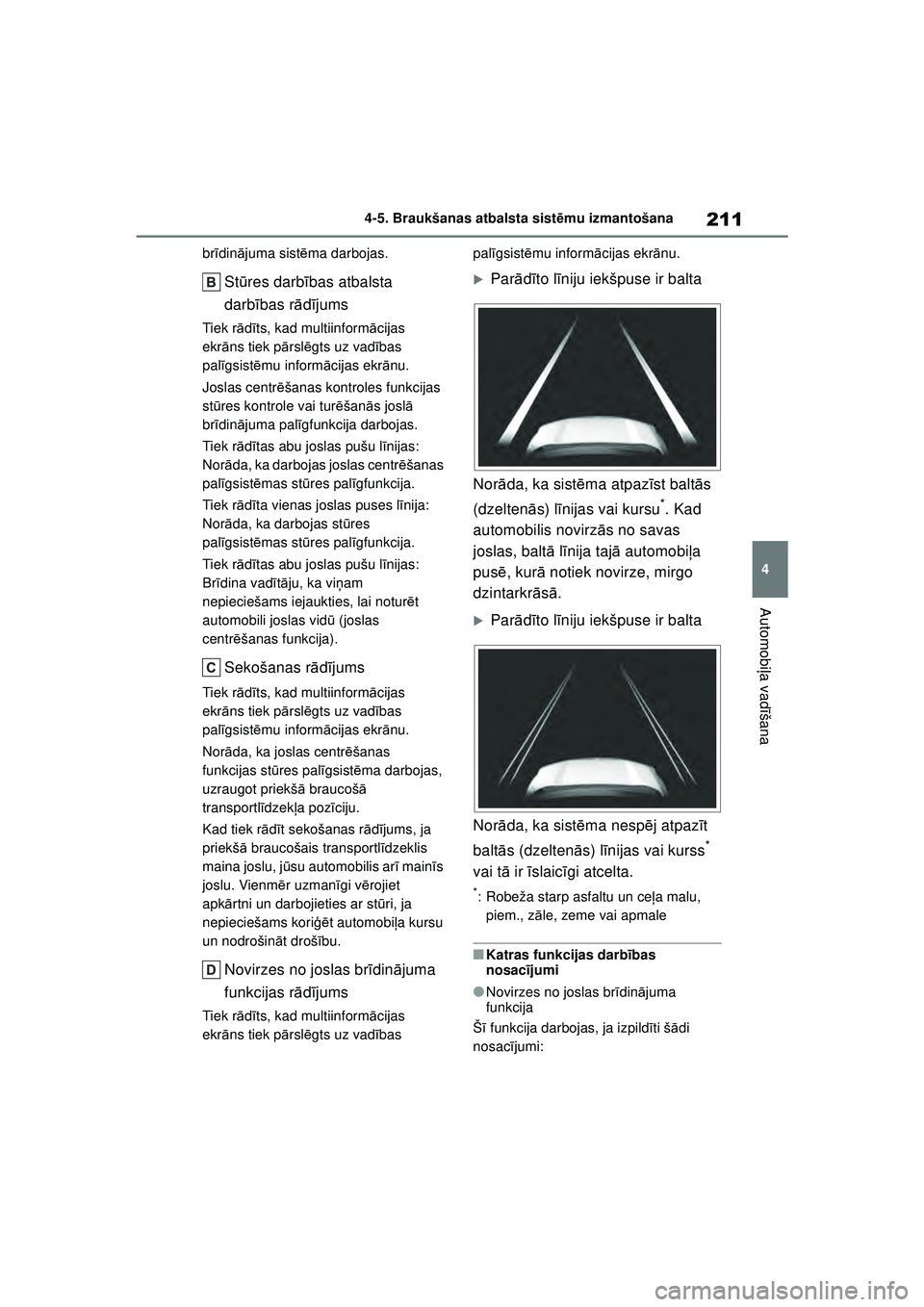 TOYOTA YARIS 2022 Lietošanas Instrukcija (in Latvian) 211
4
Owners Manual_Europe_M52M05_LV
4-5. Braukšanas atbalsta sistēmu izmantošana
Automobi ļa vadī šana
brīdin ājuma sist ēma darbojas.
St ūres darb ības atbalsta
darb ības r ādījums
Ti TOYOTA YARIS 2022 Lietošanas Instrukcija (in Latvian) 211
4
Owners Manual_Europe_M52M05_LV
4-5. Braukšanas atbalsta sistēmu izmantošana
Automobi ļa vadī šana
brīdin ājuma sist ēma darbojas.
St ūres darb ības atbalsta
darb ības r ādījums
Ti