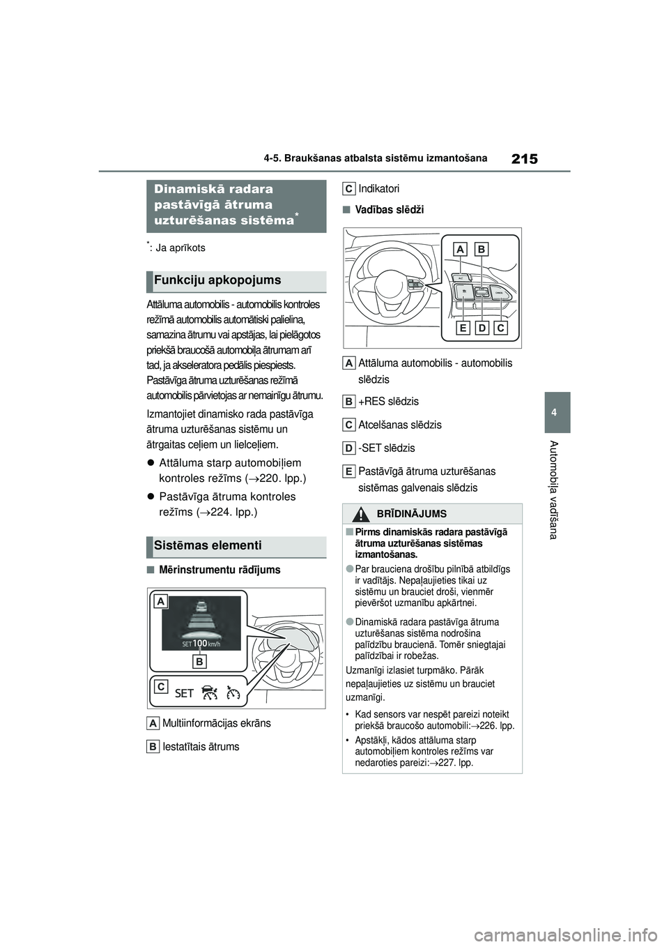 TOYOTA YARIS 2022 Lietošanas Instrukcija (in Latvian) 215
4
Owners Manual_Europe_M52M05_LV
4-5. Braukšanas atbalsta sistēmu izmantošana
Automobi ļa vadī šana
*: Ja apr īkots
Attā luma automobilis - automobilis kontroles
rež īm ā automobilis a TOYOTA YARIS 2022 Lietošanas Instrukcija (in Latvian) 215
4
Owners Manual_Europe_M52M05_LV
4-5. Braukšanas atbalsta sistēmu izmantošana
Automobi ļa vadī šana
*: Ja apr īkots
Attā luma automobilis - automobilis kontroles
rež īm ā automobilis a