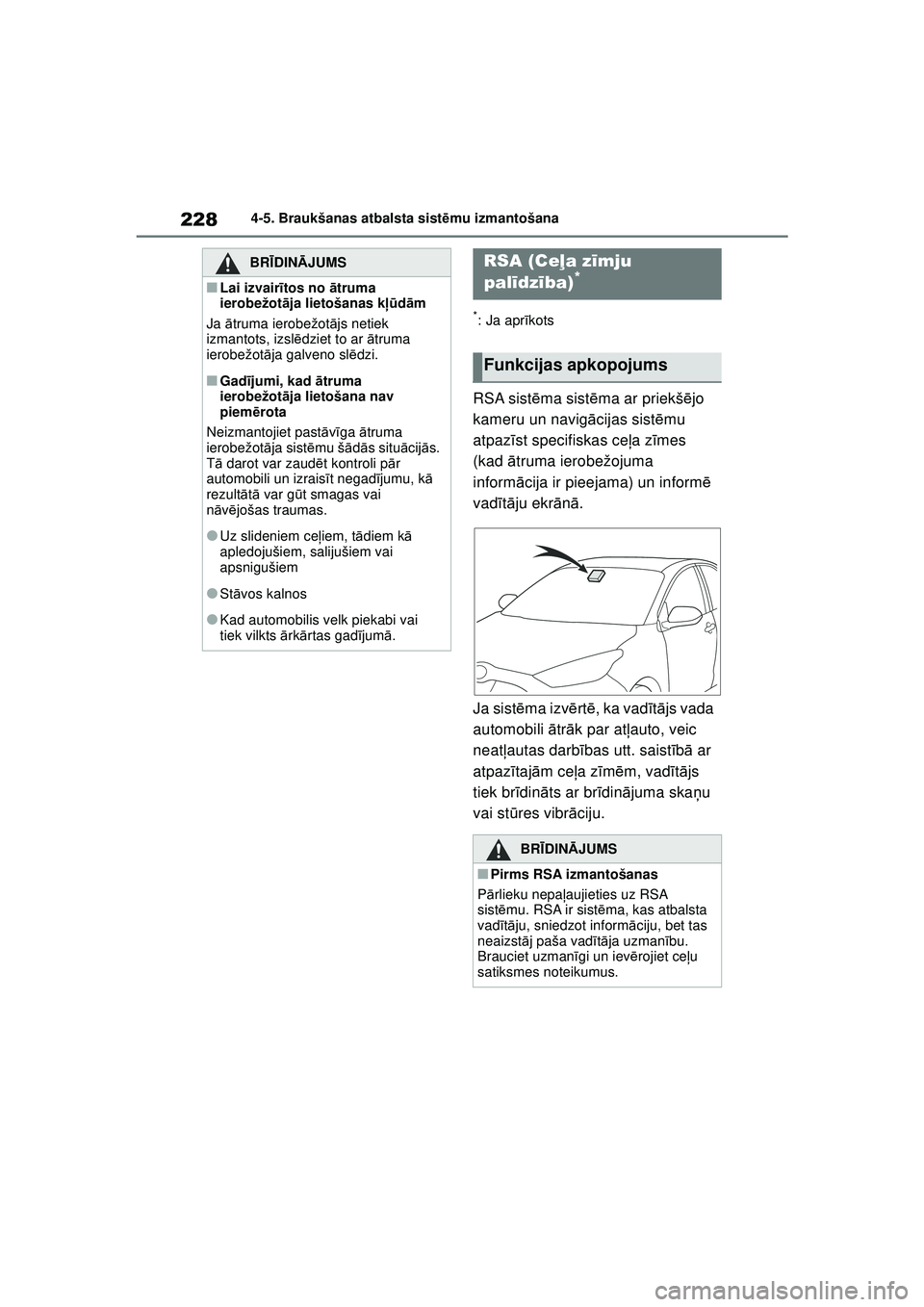 TOYOTA YARIS 2022 Lietošanas Instrukcija (in Latvian) 228
Owners Manual_Europe_M52M05_LV
4-5. Braukšanas atbalsta sistēmu izmantošana
*: Ja apr īkots
RSA sist ēma sist ēma ar priekš ējo
kameru un navig ācijas sist ēmu
atpaz īst specifiskas c TOYOTA YARIS 2022 Lietošanas Instrukcija (in Latvian) 228
Owners Manual_Europe_M52M05_LV
4-5. Braukšanas atbalsta sistēmu izmantošana
*: Ja apr īkots
RSA sist ēma sist ēma ar priekš ējo
kameru un navig ācijas sist ēmu
atpaz īst specifiskas c