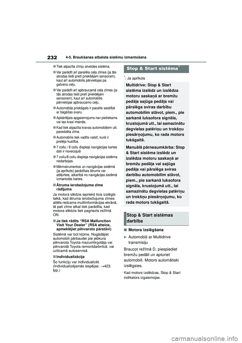 TOYOTA YARIS 2022 Lietošanas Instrukcija (in Latvian) 232
Owners Manual_Europe_M52M05_LV
4-5. Braukšanas atbalsta sistēmu izmantošana
●Tiek atpaz īta z īmju atveides sist ēma.
●Va r p a r ādīt ar ī paral ēla ce ļa z īmes (ja t ās
atrod TOYOTA YARIS 2022 Lietošanas Instrukcija (in Latvian) 232
Owners Manual_Europe_M52M05_LV
4-5. Braukšanas atbalsta sistēmu izmantošana
●Tiek atpaz īta z īmju atveides sist ēma.
●Va r p a r ādīt ar ī paral ēla ce ļa z īmes (ja t ās
atrod