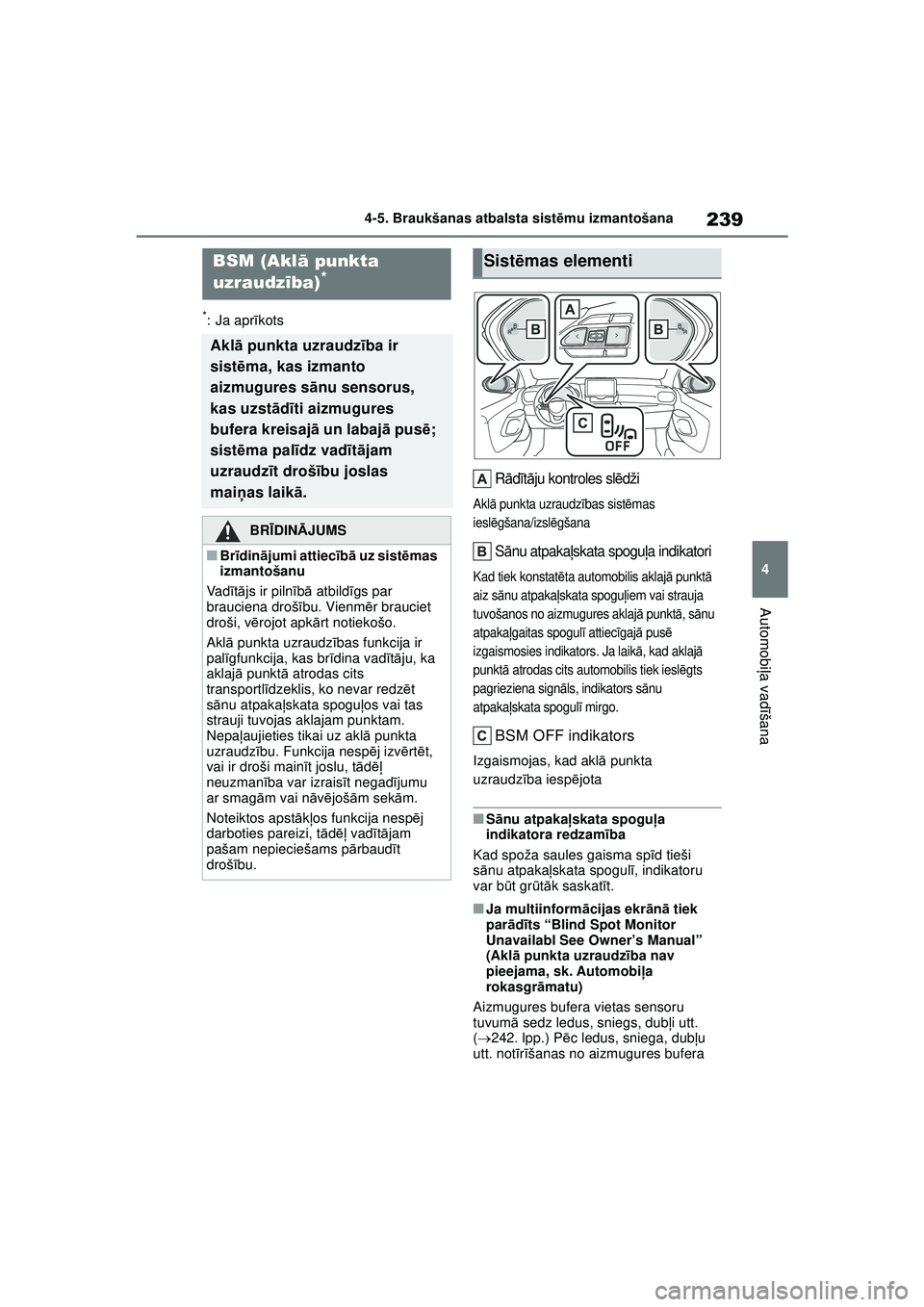 TOYOTA YARIS 2022 Lietošanas Instrukcija (in Latvian) 239
4
Owners Manual_Europe_M52M05_LV
4-5. Braukšanas atbalsta sistēmu izmantošana
Automobi ļa vadī šana
*: Ja apr īkots
R ādīt ā ju kontroles sl ēdži
Akl ā punkta uzraudz ības sist ēmas TOYOTA YARIS 2022 Lietošanas Instrukcija (in Latvian) 239
4
Owners Manual_Europe_M52M05_LV
4-5. Braukšanas atbalsta sistēmu izmantošana
Automobi ļa vadī šana
*: Ja apr īkots
R ādīt ā ju kontroles sl ēdži
Akl ā punkta uzraudz ības sist ēmas
