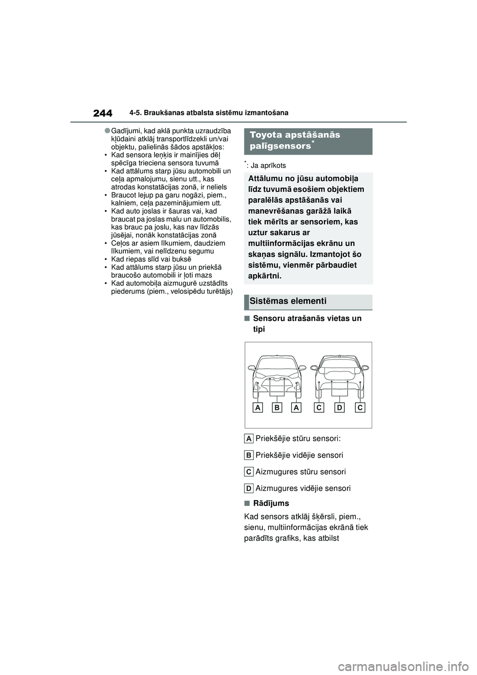 TOYOTA YARIS 2022  Lietošanas Instrukcija (in Latvian) 244
Owners Manual_Europe_M52M05_LV
4-5. Braukšanas atbalsta sistēmu izmantošana
●Gad ījumi, kad akl ā punkta uzraudz ība 
k ļū daini atkl āj transportl īdzekli un/vai 
objektu, palielin ā