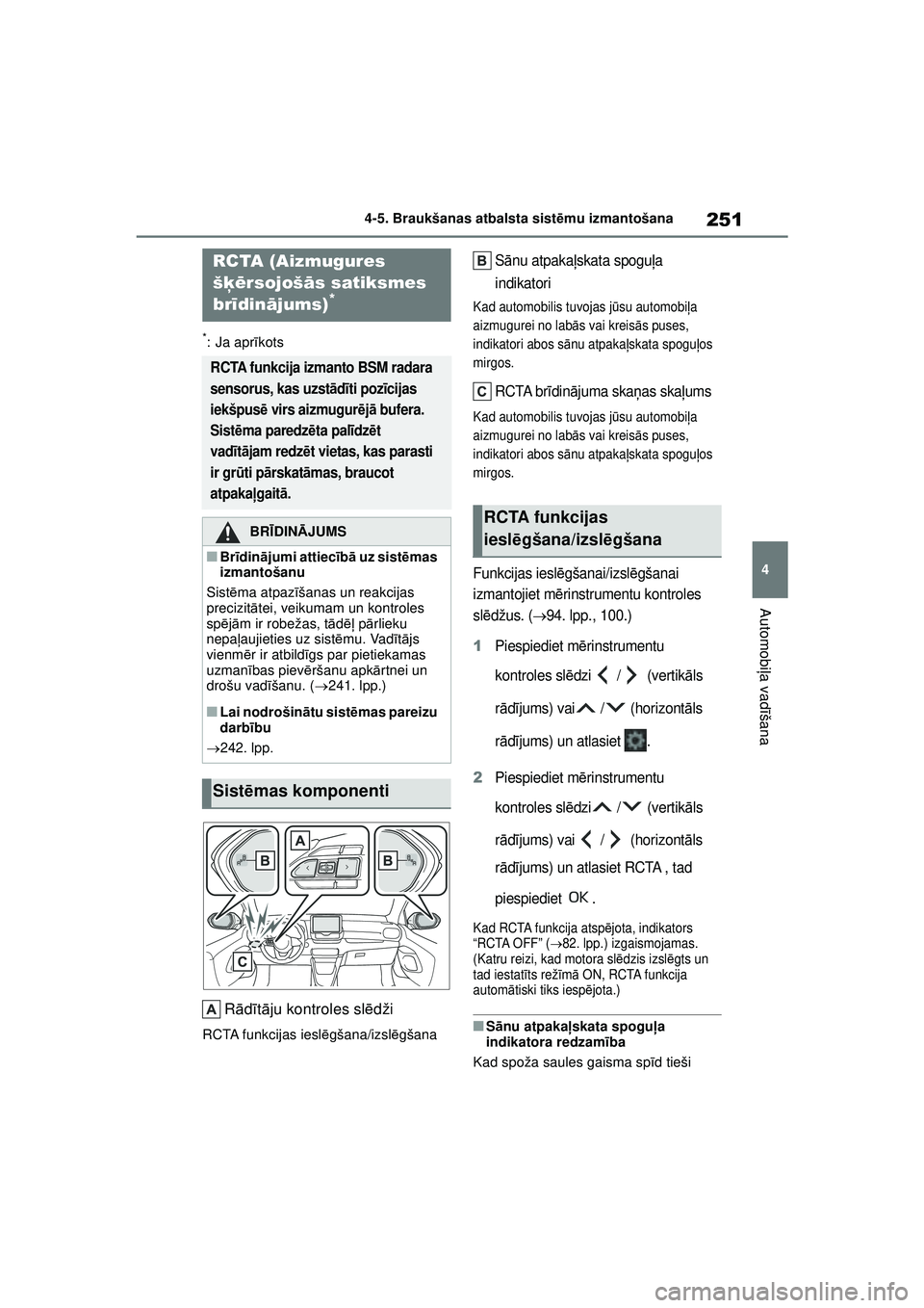 TOYOTA YARIS 2022  Lietošanas Instrukcija (in Latvian) 251
4
Owners Manual_Europe_M52M05_LV
4-5. Braukšanas atbalsta sistēmu izmantošana
Automobi ļa vadī šana
*: Ja apr īkots
R ādītā ju kontroles sl ēdži
RCTA funkcijas iesl ēgšana/izsl ēgš
