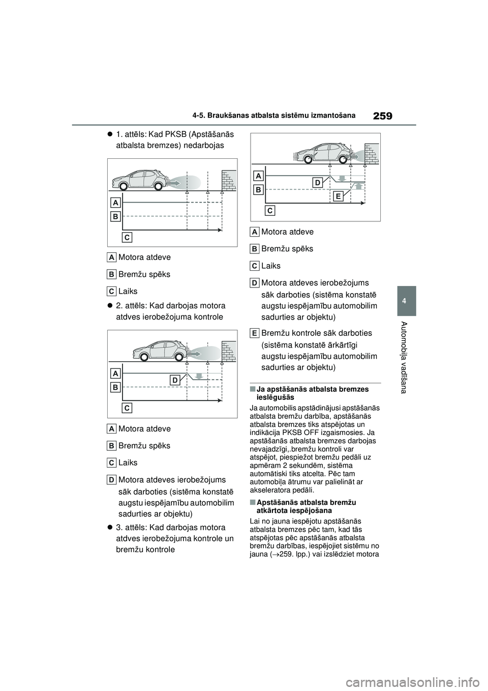 TOYOTA YARIS 2022 Lietošanas Instrukcija (in Latvian) 259
4
Owners Manual_Europe_M52M05_LV
4-5. Braukšanas atbalsta sistēmu izmantošana
Automobi ļa vadī šana
1. att ēls: Kad PKSB (Apst āšan ās
atbalsta bremzes) nedarbojas
Motora atdeve
Brem TOYOTA YARIS 2022 Lietošanas Instrukcija (in Latvian) 259
4
Owners Manual_Europe_M52M05_LV
4-5. Braukšanas atbalsta sistēmu izmantošana
Automobi ļa vadī šana
1. att ēls: Kad PKSB (Apst āšan ās
atbalsta bremzes) nedarbojas
Motora atdeve
Brem