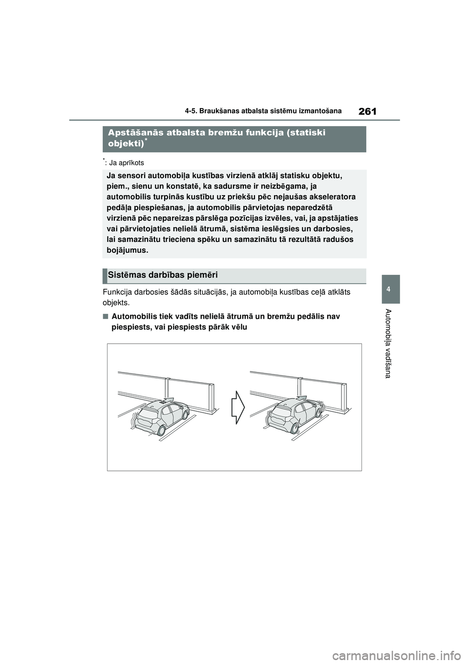 TOYOTA YARIS 2022 Lietošanas Instrukcija (in Latvian) 261
4
Owners Manual_Europe_M52M05_LV
4-5. Braukšanas atbalsta sistēmu izmantošana
Automobi ļa vadī šana
*: Ja apr īkots
Funkcija darbosies š ādās situ ācij ās, ja automobi ļa kust ības c TOYOTA YARIS 2022 Lietošanas Instrukcija (in Latvian) 261
4
Owners Manual_Europe_M52M05_LV
4-5. Braukšanas atbalsta sistēmu izmantošana
Automobi ļa vadī šana
*: Ja apr īkots
Funkcija darbosies š ādās situ ācij ās, ja automobi ļa kust ības c