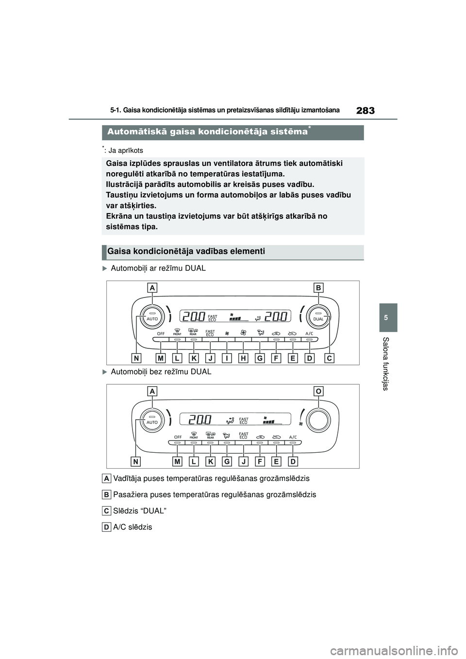 TOYOTA YARIS 2022  Lietošanas Instrukcija (in Latvian) 283
5
Owners Manual_Europe_M52M05_LV
5-1. Gaisa kondicionētā ja sist ēmas un pretaizsv īšanas sild īt ā ju izmantošana
Salona funkcijas
*: Ja apr īkots
�XAutomobi ļi ar rež īmu DUAL
�XAuto
