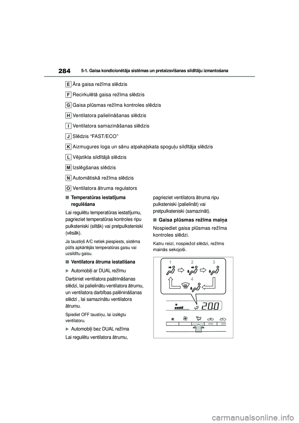 TOYOTA YARIS 2022  Lietošanas Instrukcija (in Latvian) 284
Owners Manual_Europe_M52M05_LV
5-1. Gaisa kondicionētā ja sist ēmas un pr et ai zsv īšanas sild īt ā ju izmantošana
Ā ra gaisa rež īma sl ēdzis
Recirkul ētā  gaisa rež īma sl ēdzi