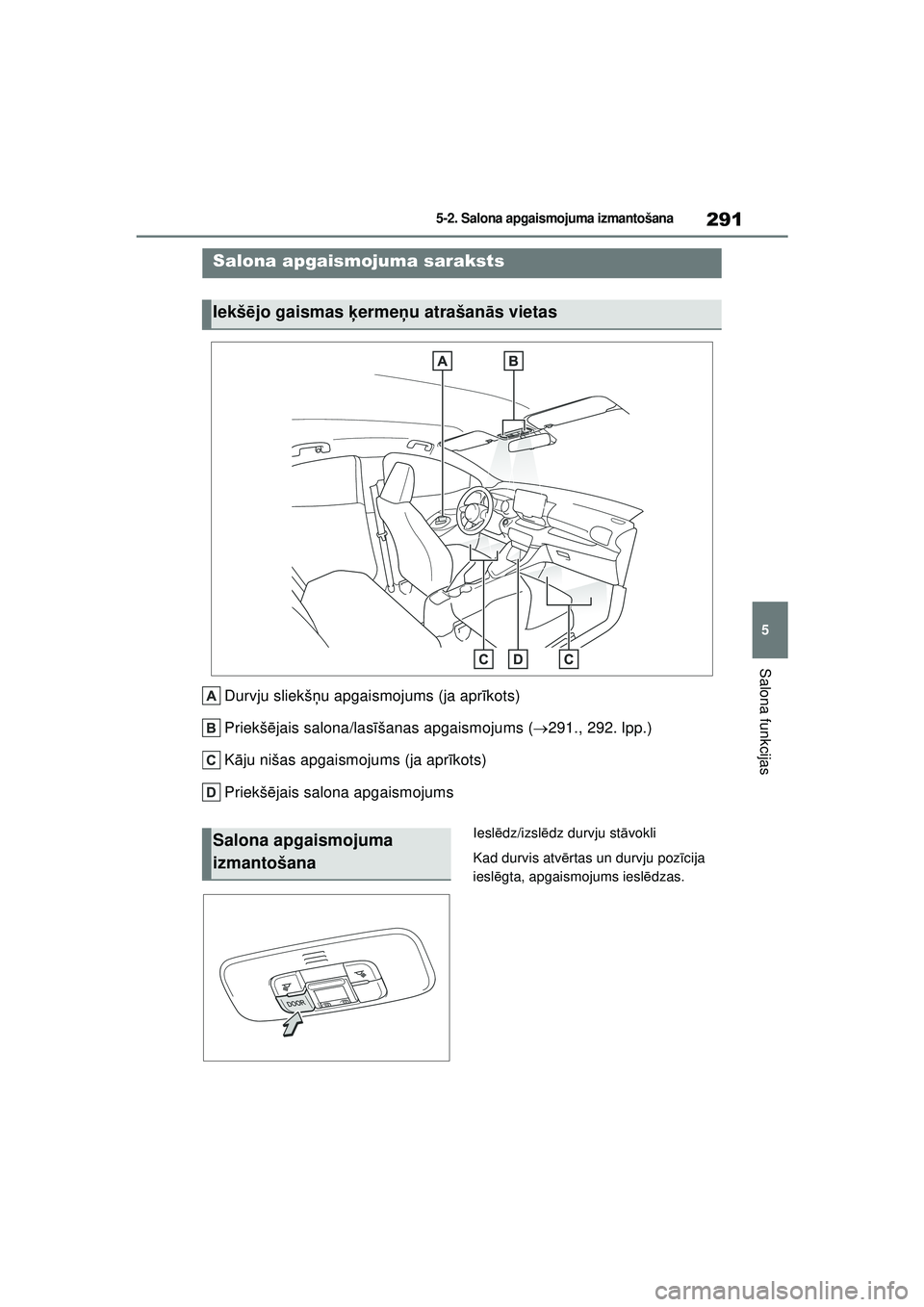 TOYOTA YARIS 2022 Lietošanas Instrukcija (in Latvian) 291
5
Owners Manual_Europe_M52M05_LV
5-2. Salona apgaismojuma izmantošana
Salona funkcijas
5 -2 .S al ona a pgai sm ojum a izma ntoš ana
Durvju sliekšņu apgaismojums (ja apr īkots)
Priekš ēja TOYOTA YARIS 2022 Lietošanas Instrukcija (in Latvian) 291
5
Owners Manual_Europe_M52M05_LV
5-2. Salona apgaismojuma izmantošana
Salona funkcijas
5 -2 .S al ona a pgai sm ojum a izma ntoš ana
Durvju sliekšņu apgaismojums (ja apr īkots)
Priekš ēja