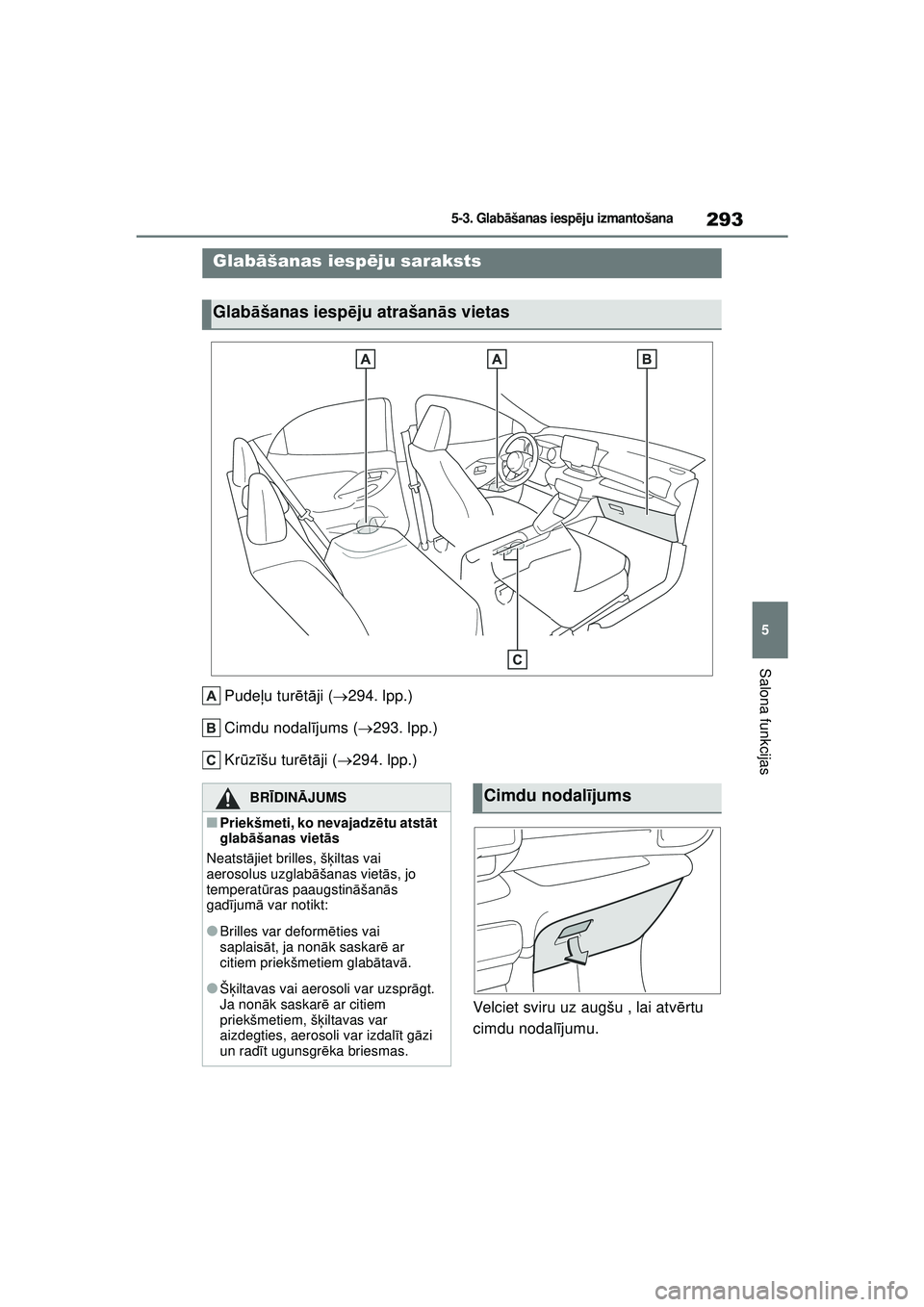 TOYOTA YARIS 2022 Lietošanas Instrukcija (in Latvian) 293
5
Owners Manual_Europe_M52M05_LV
5-3. Glabāšanas iesp ēju izmantošana
Salona funkcijas
5-3.Glab āšanas iesp ēju i zma ntoša na
Pude ļu tur ētā ji ( 294. lpp.)
Cimdu nodal ījums ( TOYOTA YARIS 2022 Lietošanas Instrukcija (in Latvian) 293
5
Owners Manual_Europe_M52M05_LV
5-3. Glabāšanas iesp ēju izmantošana
Salona funkcijas
5-3.Glab āšanas iesp ēju i zma ntoša na
Pude ļu tur ētā ji ( 294. lpp.)
Cimdu nodal ījums (