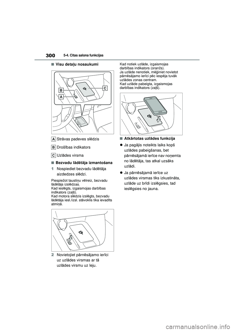 TOYOTA YARIS 2022 Lietošanas Instrukcija (in Latvian) 300
Owners Manual_Europe_M52M05_LV
5-4. Citas salona funkcijas
■Visu detaļu nosaukumi
Str āvas padeves sl ēdzis
Droš ības indikators
Uzl ādes virsma
■Bezvadu l ād ētā ja izmantošana
1 No TOYOTA YARIS 2022 Lietošanas Instrukcija (in Latvian) 300
Owners Manual_Europe_M52M05_LV
5-4. Citas salona funkcijas
■Visu detaļu nosaukumi
Str āvas padeves sl ēdzis
Droš ības indikators
Uzl ādes virsma
■Bezvadu l ād ētā ja izmantošana
1 No