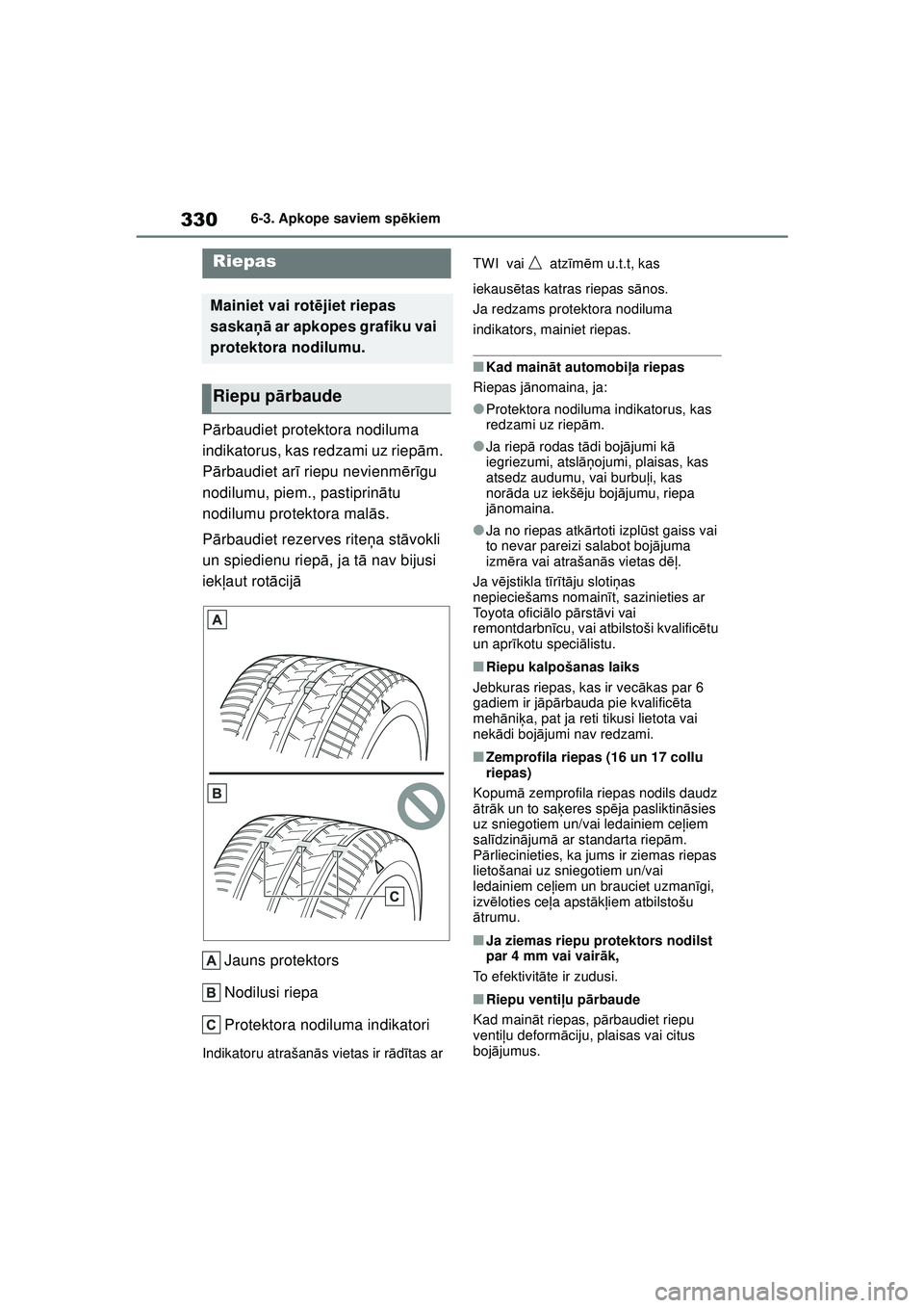 TOYOTA YARIS 2022  Lietošanas Instrukcija (in Latvian) 330
Owners Manual_Europe_M52M05_LV
6-3. Apkope saviem spēkiem
P ārbaudiet protektora nodiluma 
indikatorus, kas redzami uz riep ām. 
P ārbaudiet ar ī riepu nevienm ērīgu 
nodilumu, piem., pasti