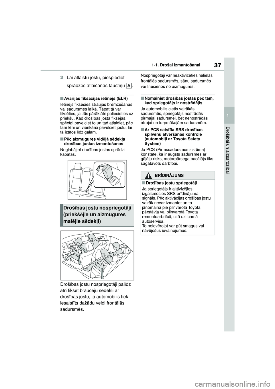 TOYOTA YARIS 2022  Lietošanas Instrukcija (in Latvian) 37
1
Owners Manual_Europe_M52M05_LV
1-1. Drošai izmantošanai
Drošībai un aizsardz ībai
2 Lai atlaistu jostu, piespiediet 
sprādzes atlaišanas tausti ņu .
■Av ārijas fiksā cijas ietinējs (