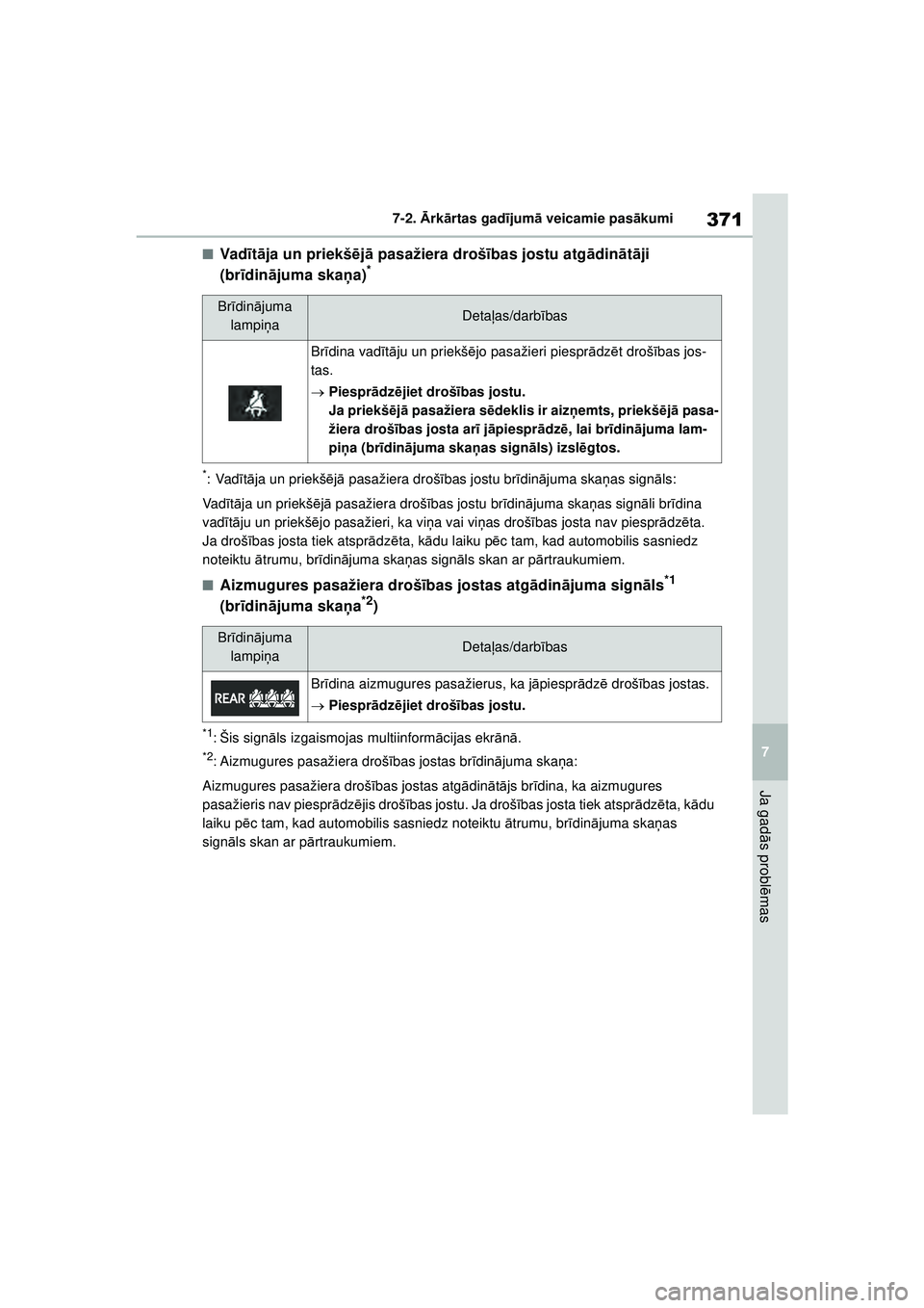 TOYOTA YARIS 2022 Lietošanas Instrukcija (in Latvian) 371
7
Owners Manual_Europe_M52M05_LV
7-2. Ārk ārtas gad ījum ā veicamie pas ākumi
Ja gad ās probl ēmas
■Vad īt ā ja un priekš ējā pasažiera droš ības jostu atg ādinā tā ji
(br ī TOYOTA YARIS 2022 Lietošanas Instrukcija (in Latvian) 371
7
Owners Manual_Europe_M52M05_LV
7-2. Ārk ārtas gad ījum ā veicamie pas ākumi
Ja gad ās probl ēmas
■Vad īt ā ja un priekš ējā pasažiera droš ības jostu atg ādinā tā ji
(br ī