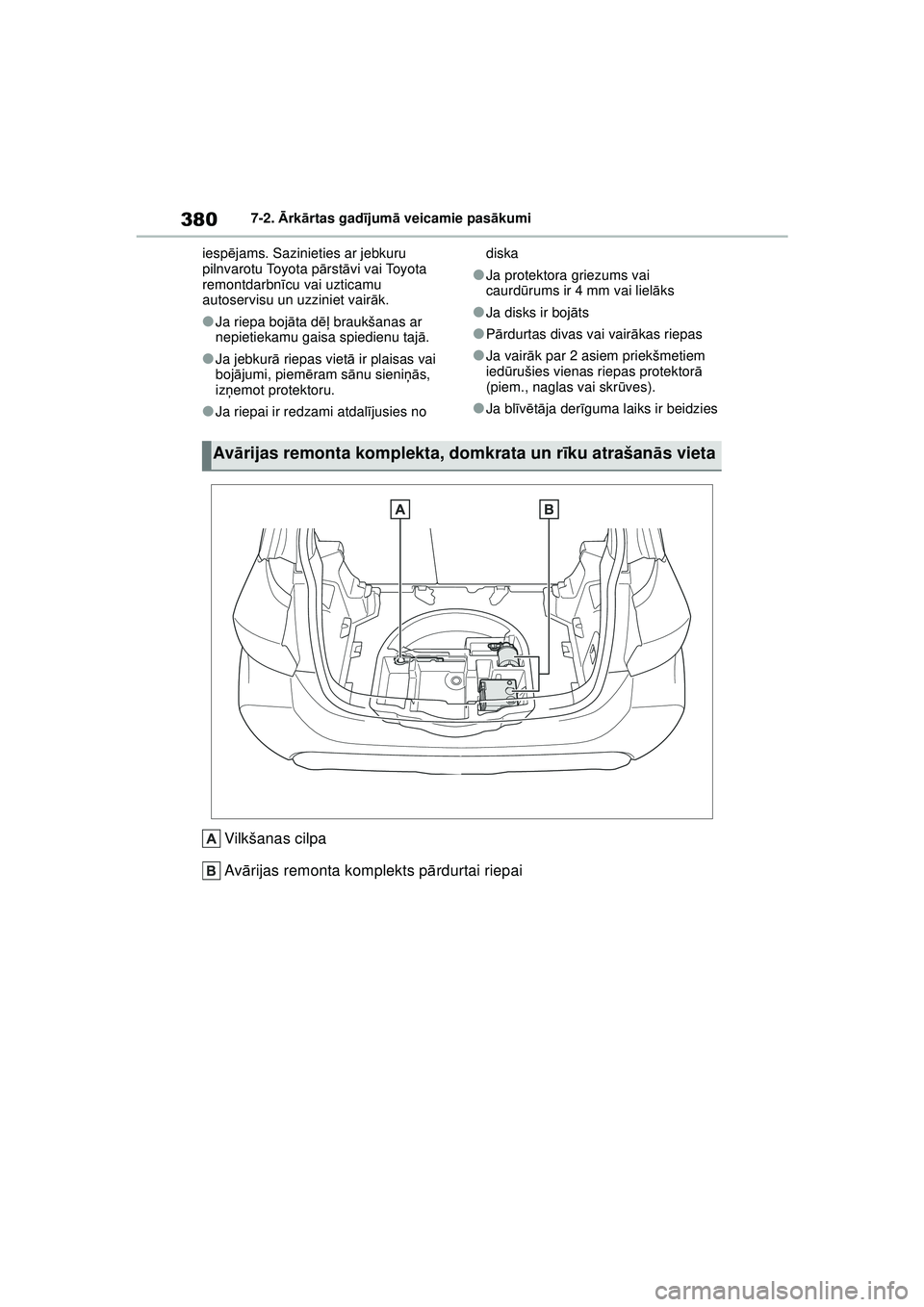 TOYOTA YARIS 2022  Lietošanas Instrukcija (in Latvian) 380
Owners Manual_Europe_M52M05_LV
7-2. Ārk ārtas gad ījum ā veicamie pas ākumi
iesp ējams. Sazinieties ar jebkuru 
pilnvarotu Toyota p ārst āvi vai Toyota 
remontdarbn īcu vai uzticamu 
auto