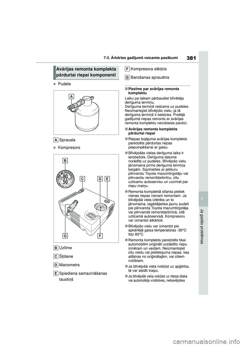TOYOTA YARIS 2022  Lietošanas Instrukcija (in Latvian) 381
7
Owners Manual_Europe_M52M05_LV
7-2. Ārk ārtas gad ījum ā veicamie pas ākumi
Ja gad ās probl ēmas
�XPudele
Sprausla
�XKompresors
Uzl īme
Š ļū tene
Manometrs
Spiediena samazin āšanas 