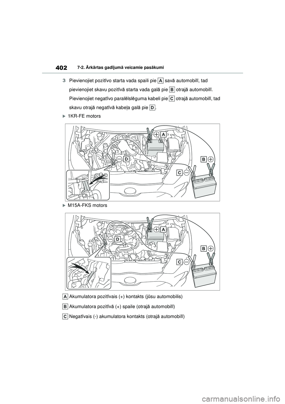 TOYOTA YARIS 2022 Lietošanas Instrukcija (in Latvian) 402
Owners Manual_Europe_M52M05_LV
7-2. Ārk ārtas gad ījum ā veicamie pas ākumi
3 Pievienojiet pozit īvo starta vada spaili pie sav ā automobil ī, tad
pievienojiet skavu pozit īv ā start TOYOTA YARIS 2022 Lietošanas Instrukcija (in Latvian) 402
Owners Manual_Europe_M52M05_LV
7-2. Ārk ārtas gad ījum ā veicamie pas ākumi
3 Pievienojiet pozit īvo starta vada spaili pie sav ā automobil ī, tad
pievienojiet skavu pozit īv ā start