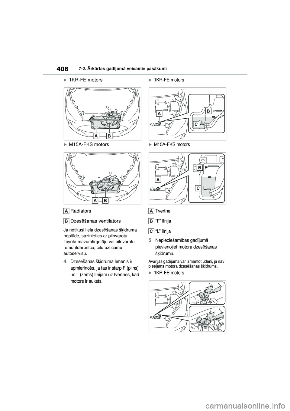 TOYOTA YARIS 2022  Lietošanas Instrukcija (in Latvian) 406
Owners Manual_Europe_M52M05_LV
7-2. Ārk ārtas gad ījum ā veicamie pas ākumi
�X1KR-FE motors
�XM15A-FKS motors
Radiators
Dzes ēšanas ventilators
Ja notikusi liela dzes ēšanas š ķidruma 
