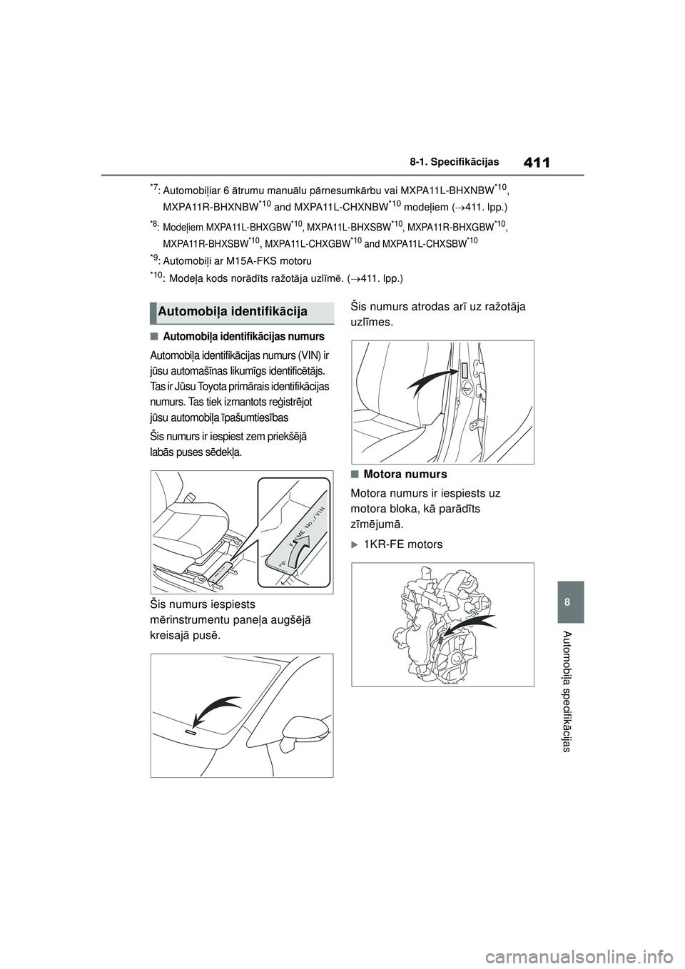 TOYOTA YARIS 2022  Lietošanas Instrukcija (in Latvian) 411
8
Owners Manual_Europe_M52M05_LV
8-1. Specifikācijas
Automobiļa specifik ācijas
*7: Automobi ļiar 6  ātrumu manu ālu p ārnesumk ārbu vai MXPA11L-BHXNBW*10, 
MXPA11R-BHXNBW
*10 and MXPA11L-