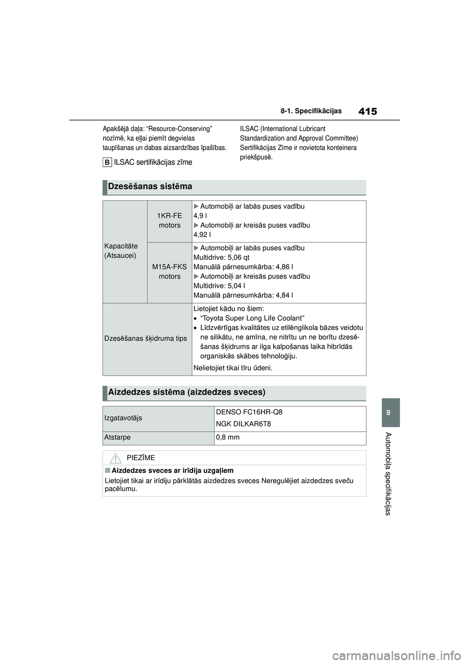 TOYOTA YARIS 2022  Lietošanas Instrukcija (in Latvian) 415
8
Owners Manual_Europe_M52M05_LV
8-1. Specifikācijas
Automobiļa specifik ācijas
Apakš ējā  da ļa: “Resource-Conserving” 
noz īm ē, ka e ļļai piem īt degvielas 
taup īšanas un dab