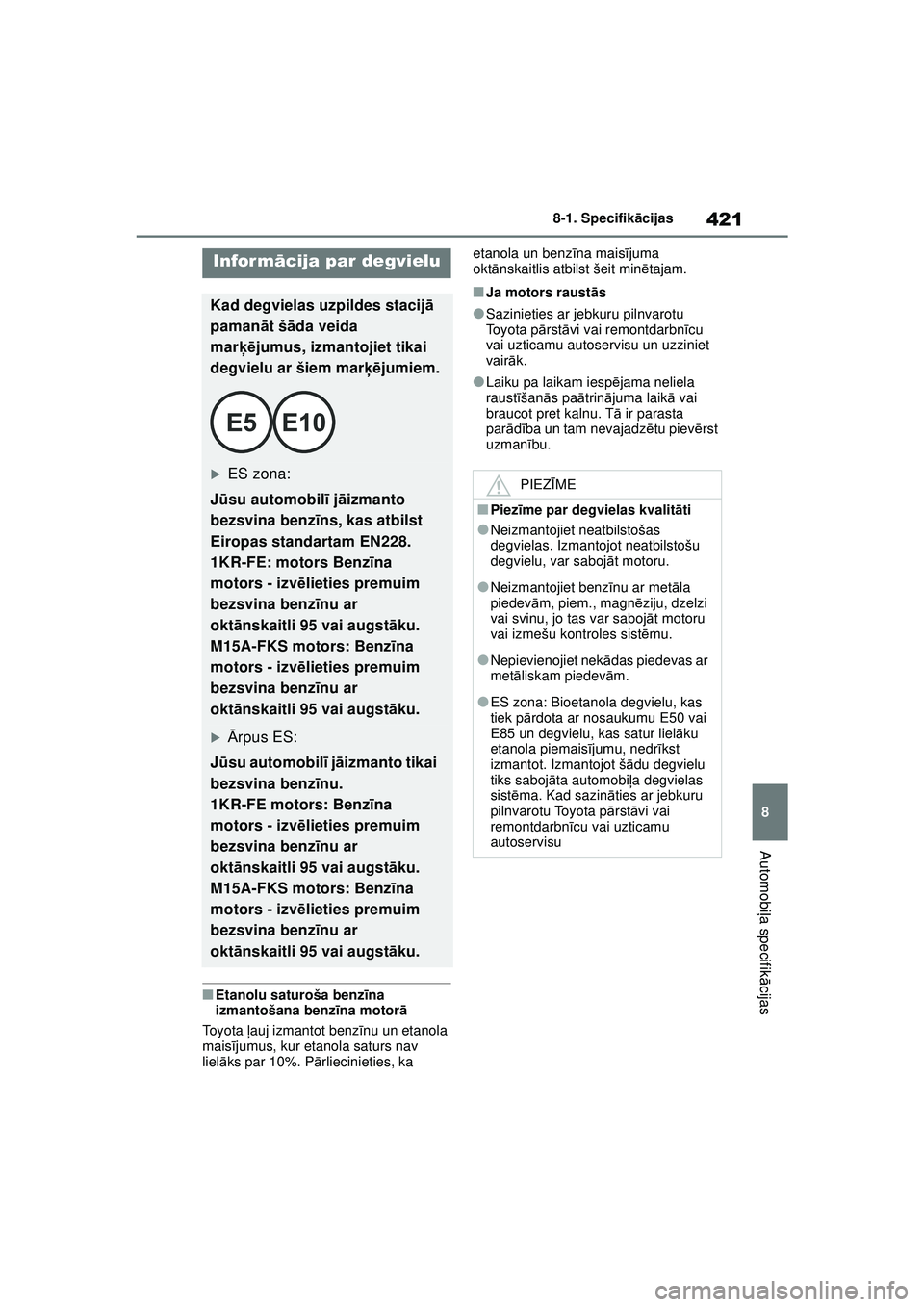 TOYOTA YARIS 2022 Lietošanas Instrukcija (in Latvian) 421
8
Owners Manual_Europe_M52M05_LV
8-1. Specifikācijas
Automobiļa specifik ācijas
■Etanolu saturoša benz īna
izmantošana benz īna motor ā
To y o t a ļauj izmantot benz īnu un etanola TOYOTA YARIS 2022 Lietošanas Instrukcija (in Latvian) 421
8
Owners Manual_Europe_M52M05_LV
8-1. Specifikācijas
Automobiļa specifik ācijas
■Etanolu saturoša benz īna
izmantošana benz īna motor ā
To y o t a ļauj izmantot benz īnu un etanola