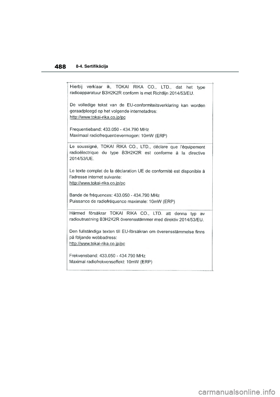 TOYOTA YARIS 2022  Lietošanas Instrukcija (in Latvian) 488
Owners Manual_Europe_M52M05_LV
8-4. Sertifikācija
Yaris_OM_Europe_OM52M05LV.book  Page 488  Friday, March 18, 2022  1:48 PM 