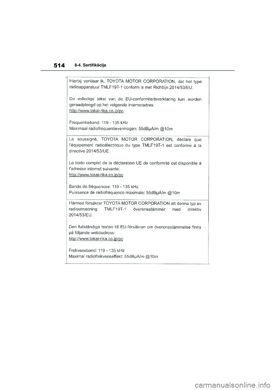TOYOTA YARIS 2022  Lietošanas Instrukcija (in Latvian) 514
Owners Manual_Europe_M52M05_LV
8-4. Sertifikācija
Yaris_OM_Europe_OM52M05LV.book  Page 514  Friday, March 18, 2022  1:48 PM 
