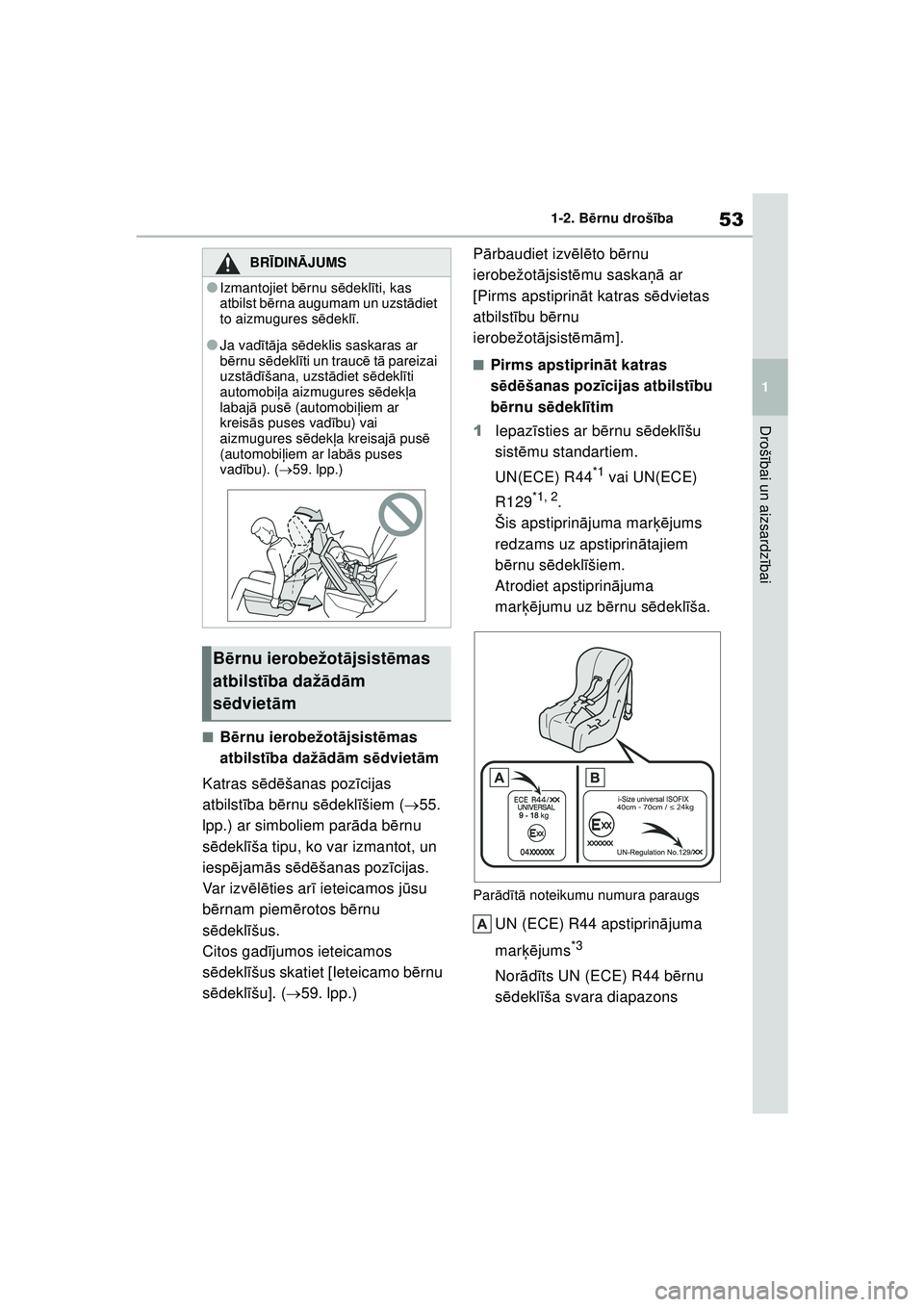 TOYOTA YARIS 2022 Lietošanas Instrukcija (in Latvian) 53
1
Owners Manual_Europe_M52M05_LV
1-2. Bērnu drošī ba
Drošībai un aizsardz ībai
■B ērnu ierobežot ājsist ēmas
atbilst ība daž ād ām s ēdviet ām
Katras s ēdēšanas poz īcijas
a TOYOTA YARIS 2022 Lietošanas Instrukcija (in Latvian) 53
1
Owners Manual_Europe_M52M05_LV
1-2. Bērnu drošī ba
Drošībai un aizsardz ībai
■B ērnu ierobežot ājsist ēmas
atbilst ība daž ād ām s ēdviet ām
Katras s ēdēšanas poz īcijas
a