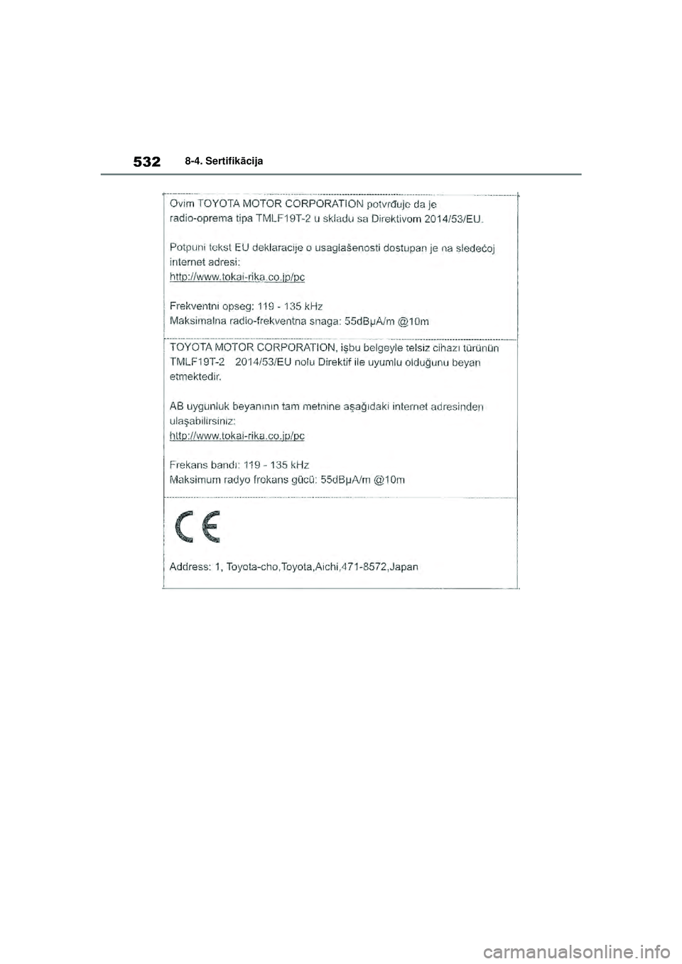TOYOTA YARIS 2022  Lietošanas Instrukcija (in Latvian) 532
Owners Manual_Europe_M52M05_LV
8-4. Sertifikācija
Yaris_OM_Europe_OM52M05LV.book  Page 532  Friday, March 18, 2022  1:48 PM 