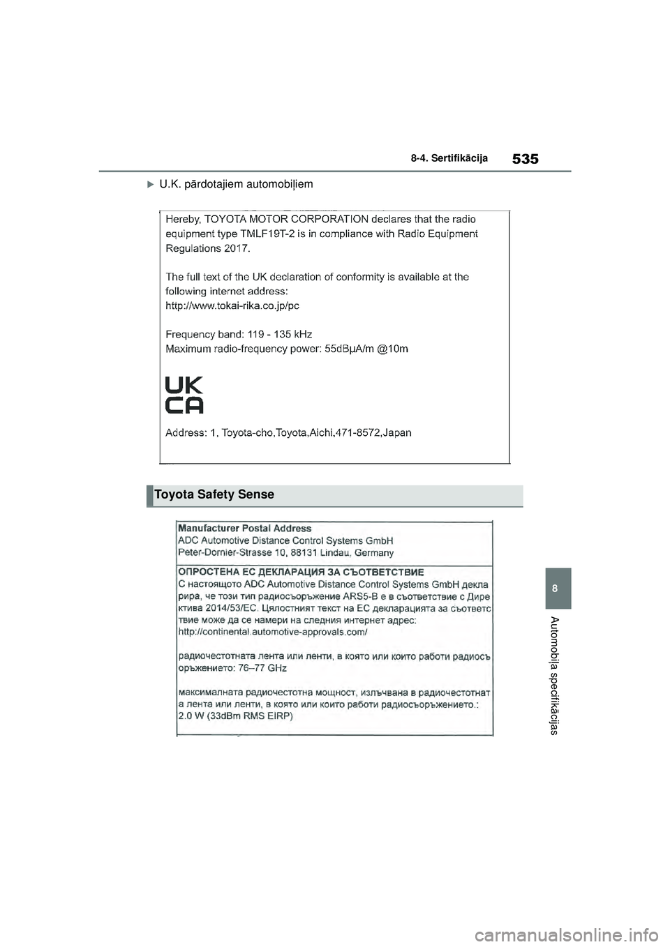 TOYOTA YARIS 2022  Lietošanas Instrukcija (in Latvian) 535
8
Owners Manual_Europe_M52M05_LV
8-4. Sertifikācija
Automobi ļa specifik ācijas
�XU.K. p ārdotajiem automobi ļiem
Toyota Safety Sense
Yaris_OM_Europe_OM52M05LV.book  Page 535  Friday, March 1