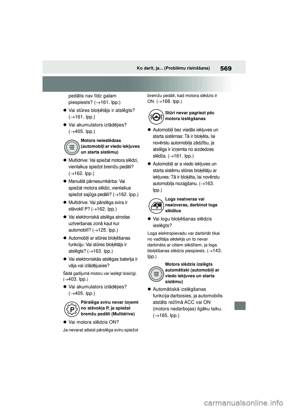 TOYOTA YARIS 2022  Lietošanas Instrukcija (in Latvian) 569
Owners Manual_Europe_M52M05_LV
Ko darīt, ja... (Probl ēmu risin āšana)
ped ālis nav l īdz galam 
piespiests? ( 161. lpp.)
 Va i  s t ūres blo ķētā js ir atslē gts? 
(  161. lpp