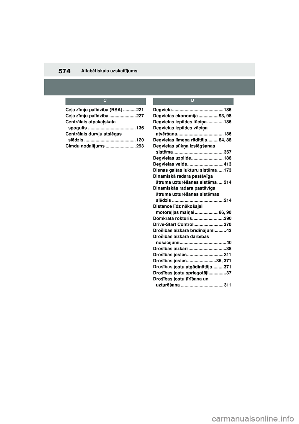 TOYOTA YARIS 2022 Lietošanas Instrukcija (in Latvian) 574
Owners Manual_Europe_M52M05_LV
Alfabētiskais uzskait ījums
C
Ce ļa z īmju pal īdz ība (RSA) .......... 221
Ce ļa z īmju pal īdz ība ..................... 227
Centr ālais atpaka ļskata TOYOTA YARIS 2022 Lietošanas Instrukcija (in Latvian) 574
Owners Manual_Europe_M52M05_LV
Alfabētiskais uzskait ījums
C
Ce ļa z īmju pal īdz ība (RSA) .......... 221
Ce ļa z īmju pal īdz ība ..................... 227
Centr ālais atpaka ļskata