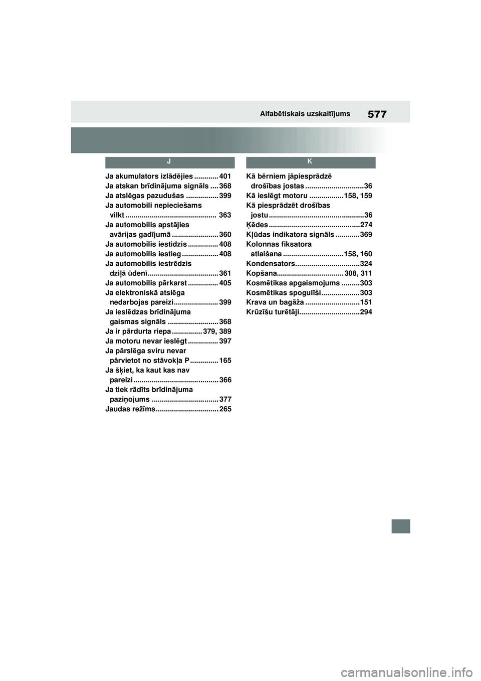 TOYOTA YARIS 2022 Lietošanas Instrukcija (in Latvian) 577
Owners Manual_Europe_M52M05_LV
Alfabētiskais uzskait ījums
J
Ja akumulators izl ād ējies ............ 401
Ja atskan br īdinā juma sign āls .... 368
Ja atsl ēgas pazudušas ................ TOYOTA YARIS 2022 Lietošanas Instrukcija (in Latvian) 577
Owners Manual_Europe_M52M05_LV
Alfabētiskais uzskait ījums
J
Ja akumulators izl ād ējies ............ 401
Ja atskan br īdinā juma sign āls .... 368
Ja atsl ēgas pazudušas ................