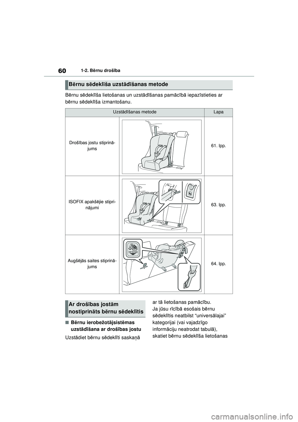 TOYOTA YARIS 2022  Lietošanas Instrukcija (in Latvian) 60
Owners Manual_Europe_M52M05_LV
1-2. Bērnu drošī ba
Bērnu s ēdekl īša lietošanas un uzst ādīšanas pam ācīb ā iepaz īstieties ar 
b ērnu s ēdekl īša izmantošanu.
■B ērnu ierobe