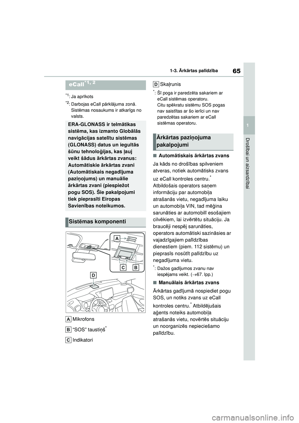TOYOTA YARIS 2022  Lietošanas Instrukcija (in Latvian) 65
1
Owners Manual_Europe_M52M05_LV
1-3. Ārk ārtas pal īdz ība
Droš ībai un aizsardz ībai
1-3. Ārk ārt as  pa l īdz ība
*1: Ja apr īkots
*2: Darbojas eCall p ārkl ājuma zon ā. 
Sist ēm