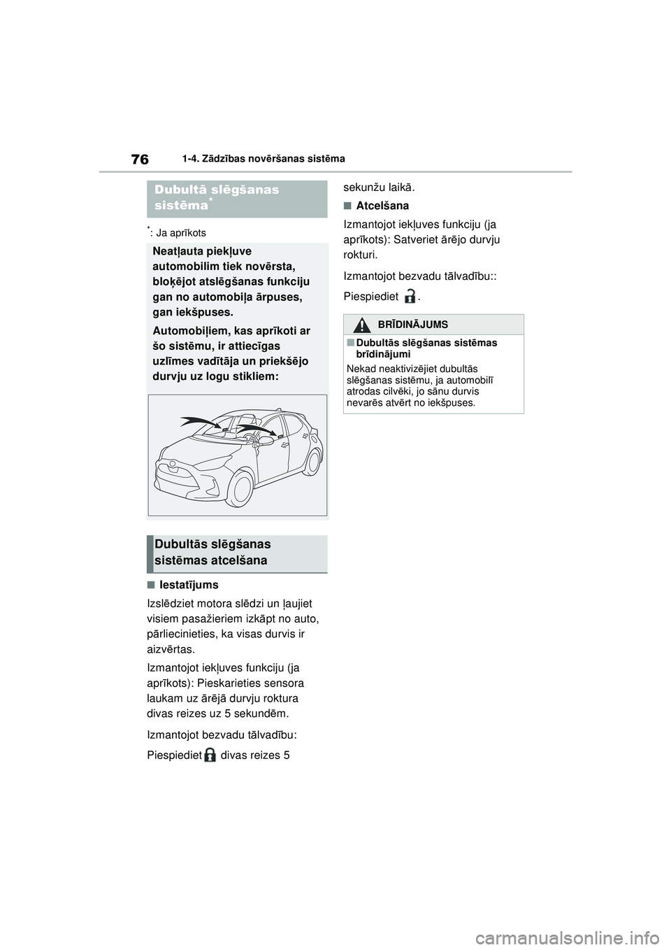 TOYOTA YARIS 2022  Lietošanas Instrukcija (in Latvian) 76
Owners Manual_Europe_M52M05_LV
1-4. Zādzības novē ršanas sist ēma
*: Ja apr īkots
■Iestat ījums
Izsl ēdziet motora sl ēdzi un ļ aujiet 
visiem pasažieriem izk āpt no auto, 
p ārlieci