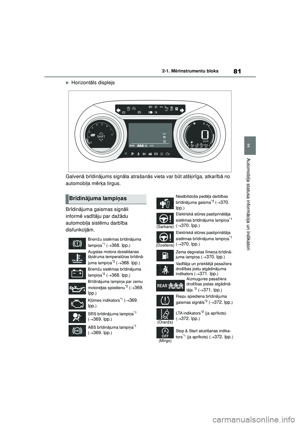 TOYOTA YARIS 2022  Lietošanas Instrukcija (in Latvian) 81
2
Owners Manual_Europe_M52M05_LV
2-1. Mērinstrumentu bloks
Automobi ļa statusa inform ācija un indikatori
�XHorizont āls displejs
Galvenā  brīdin ājums sign āla atrašan ās vieta var b ūt