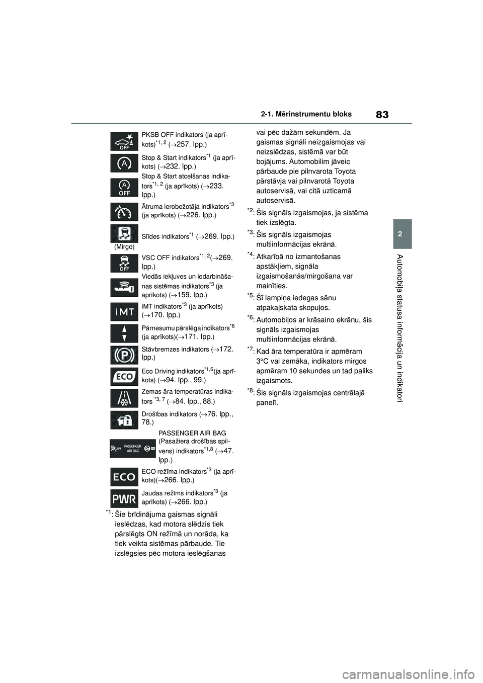 TOYOTA YARIS 2022  Lietošanas Instrukcija (in Latvian) 83
2
Owners Manual_Europe_M52M05_LV
2-1. Mērinstrumentu bloks
Automobi ļa statusa inform ācija un indikatori
*1:Šie br īdin ājuma gaismas sign āli 
iesl ēdzas, kad motora sl ēdzis tiek 
p ār