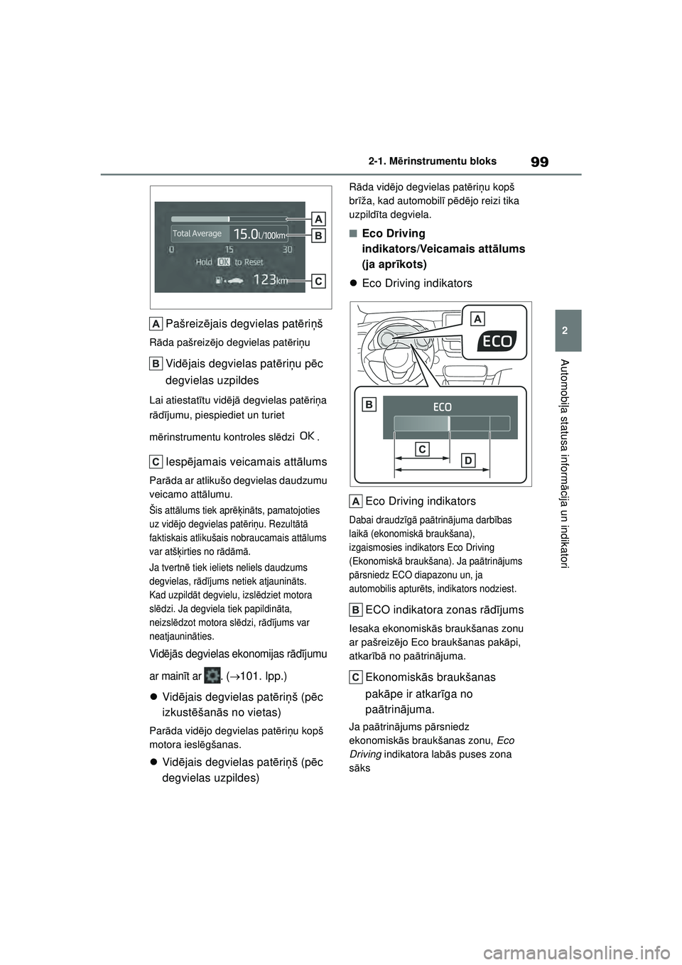 TOYOTA YARIS 2022 Lietošanas Instrukcija (in Latvian) 99
2
Owners Manual_Europe_M52M05_LV
2-1. Mērinstrumentu bloks
Automobi ļa statusa inform ācija un indikatori
Pašreiz ējais degvielas pat ēriņš
R āda pašreiz ējo degvielas pat ēri ņu
Vid TOYOTA YARIS 2022 Lietošanas Instrukcija (in Latvian) 99
2
Owners Manual_Europe_M52M05_LV
2-1. Mērinstrumentu bloks
Automobi ļa statusa inform ācija un indikatori
Pašreiz ējais degvielas pat ēriņš
R āda pašreiz ējo degvielas pat ēri ņu
Vid
