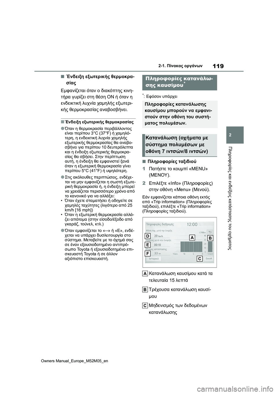 TOYOTA YARIS 2022  ΟΔΗΓΌΣ ΧΡΉΣΗΣ (in Greek) 119
2
Owners Manual_Europe_M52M05_en
2-1. Πίνακας οργάνων
Πληροφορίες και ενδείξεις κατάστασης του οχήματος
■Ένδειξη εξωτερικ